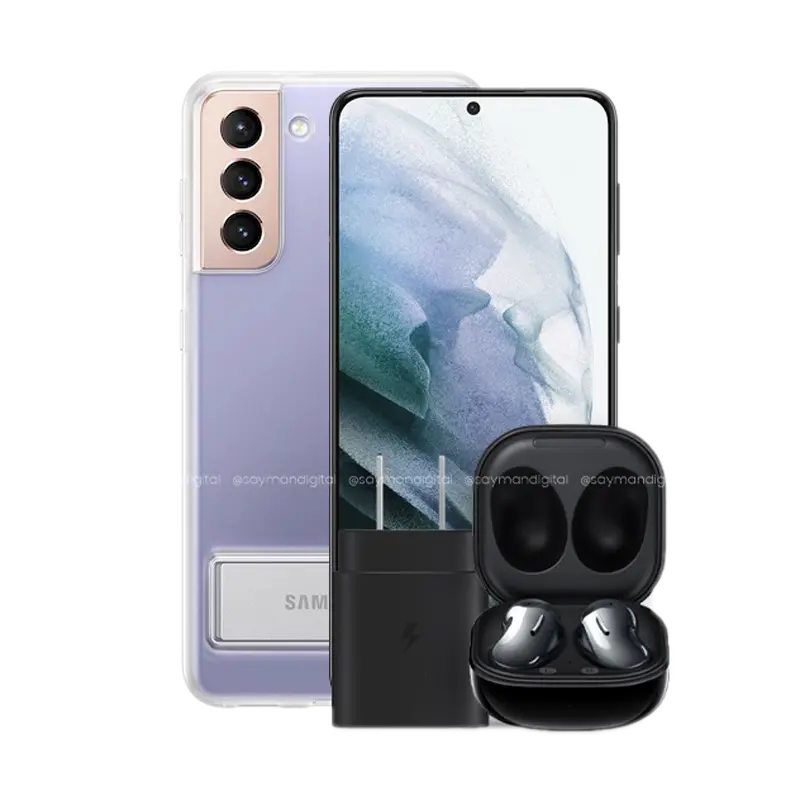گوشی سامسونگ گلکسی S21 Plus 5G به همراه کاور شفاف پایه&zwnj;دار، شارژر و هدفون گلکسی بادز لایو